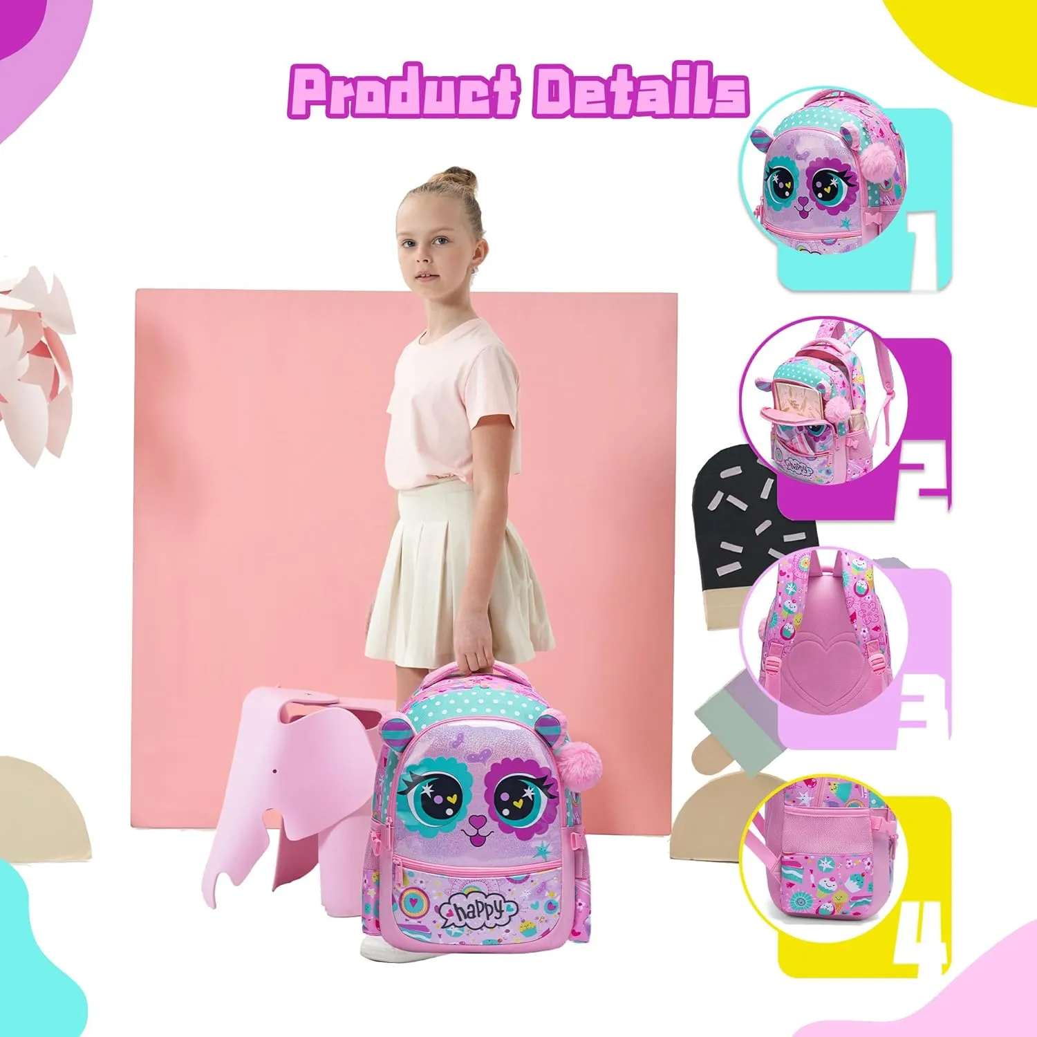 Meetbelify Cute Cat Backpacks for Girls School Bag Girls Backpacks Ages 8-10 with Lunch Box Kids Bookbag Set Travel Backpack for Preschool Kindergarten Elementary Students Backpack to School Supplies