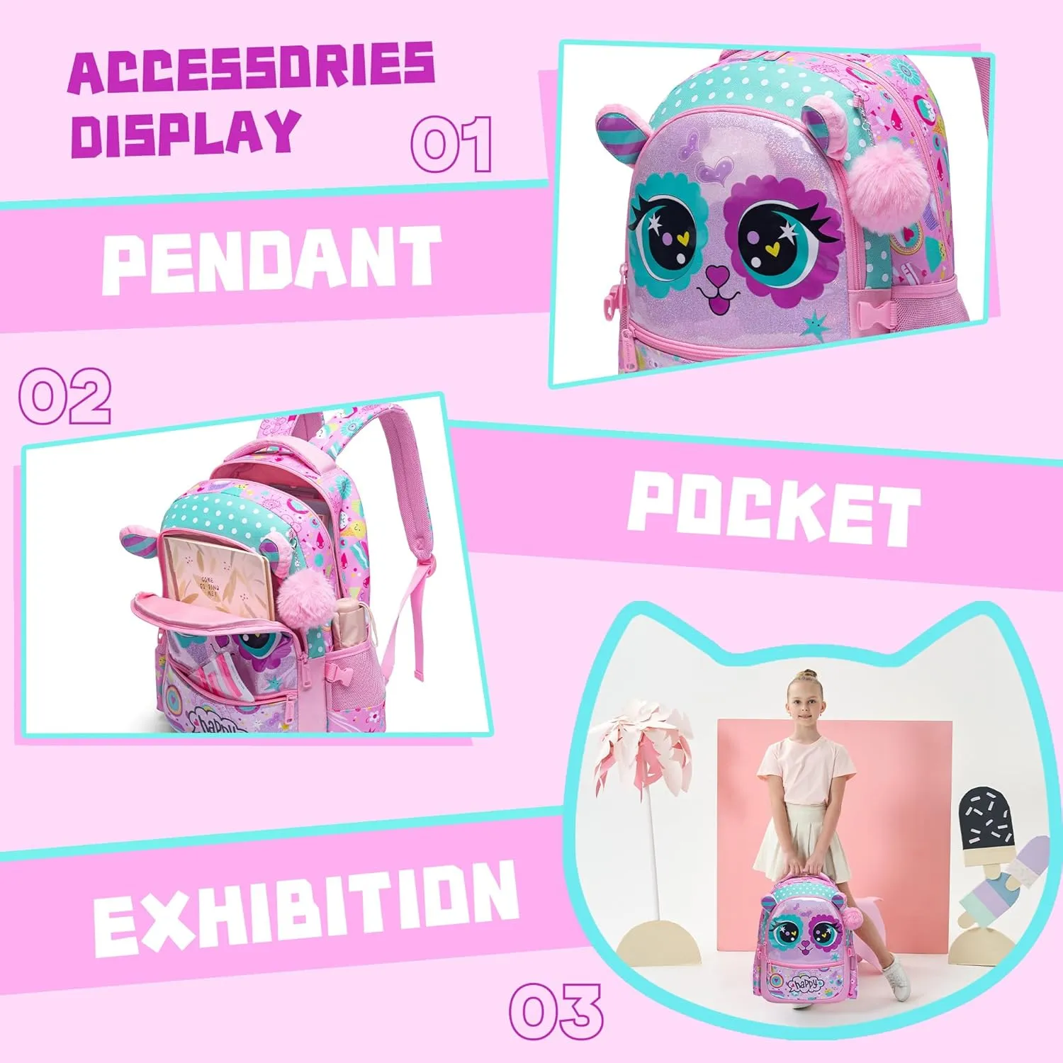 Meetbelify Cute Cat Backpacks for Girls School Bag Girls Backpacks Ages 8-10 with Lunch Box Kids Bookbag Set Travel Backpack for Preschool Kindergarten Elementary Students Backpack to School Supplies