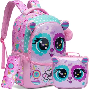 Meetbelify Cute Cat Backpacks for Girls School Bag Girls Backpacks Ages 8-10 with Lunch Box Kids Bookbag Set Travel Backpack for Preschool Kindergarten Elementary Students Backpack to School Supplies