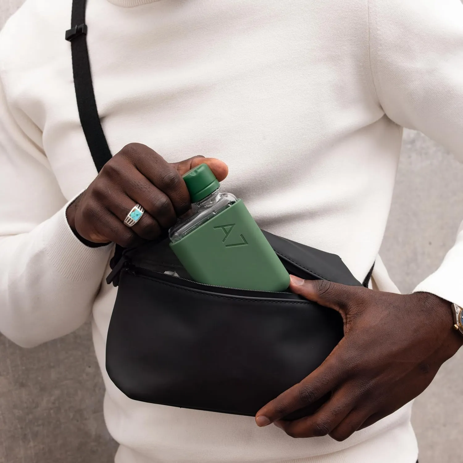 memobottle A7 (Moss Green) Bundle - 6oz (180ml) - Bottle, silicone sleeve & lid | Compact Flat Bottle for Bags & Pockets | BPA Free Tritan | Modern & Minimalist | For Gym, Work & Travel