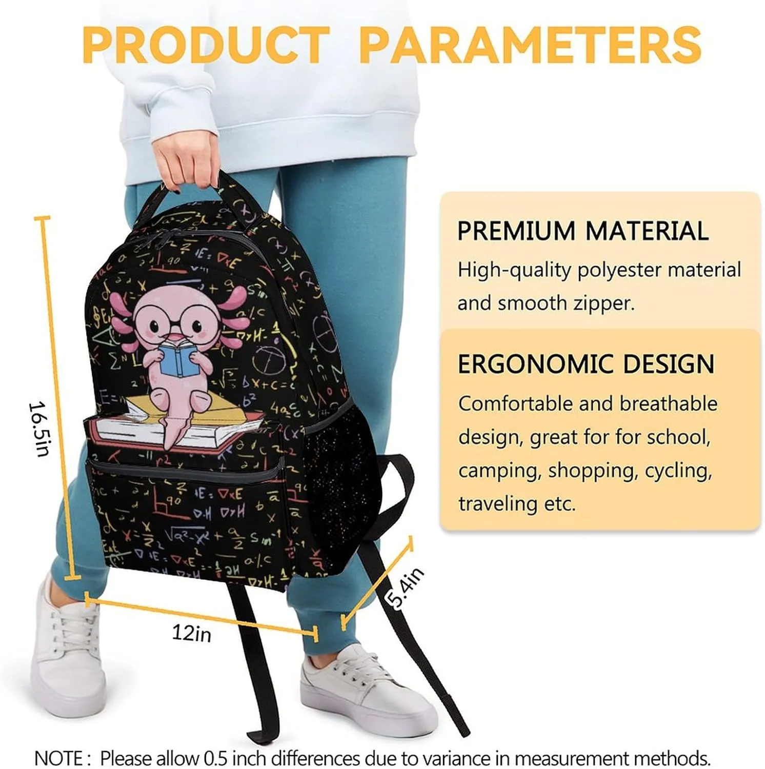 Mercuryelf Axolotl Backpack for Boys Girls, 16 Inch Black Backpacks for School Travel, Cute Lightweight Bookbag for Kids