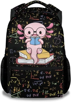 Mercuryelf Axolotl Backpack for Boys Girls, 16 Inch Black Backpacks for School Travel, Cute Lightweight Bookbag for Kids