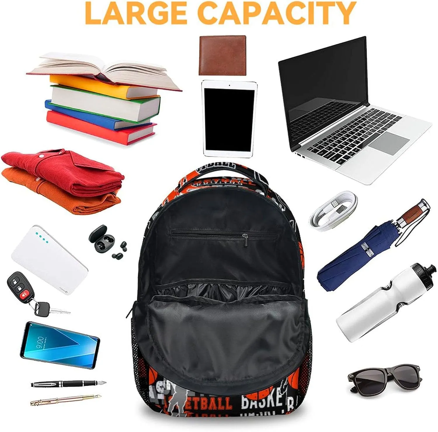 Mercuryelf Basketball Backpack for Boys Girls, 16 Inch Black Backpacks for School Travel, Cool Lightweight Bookbag for Kids