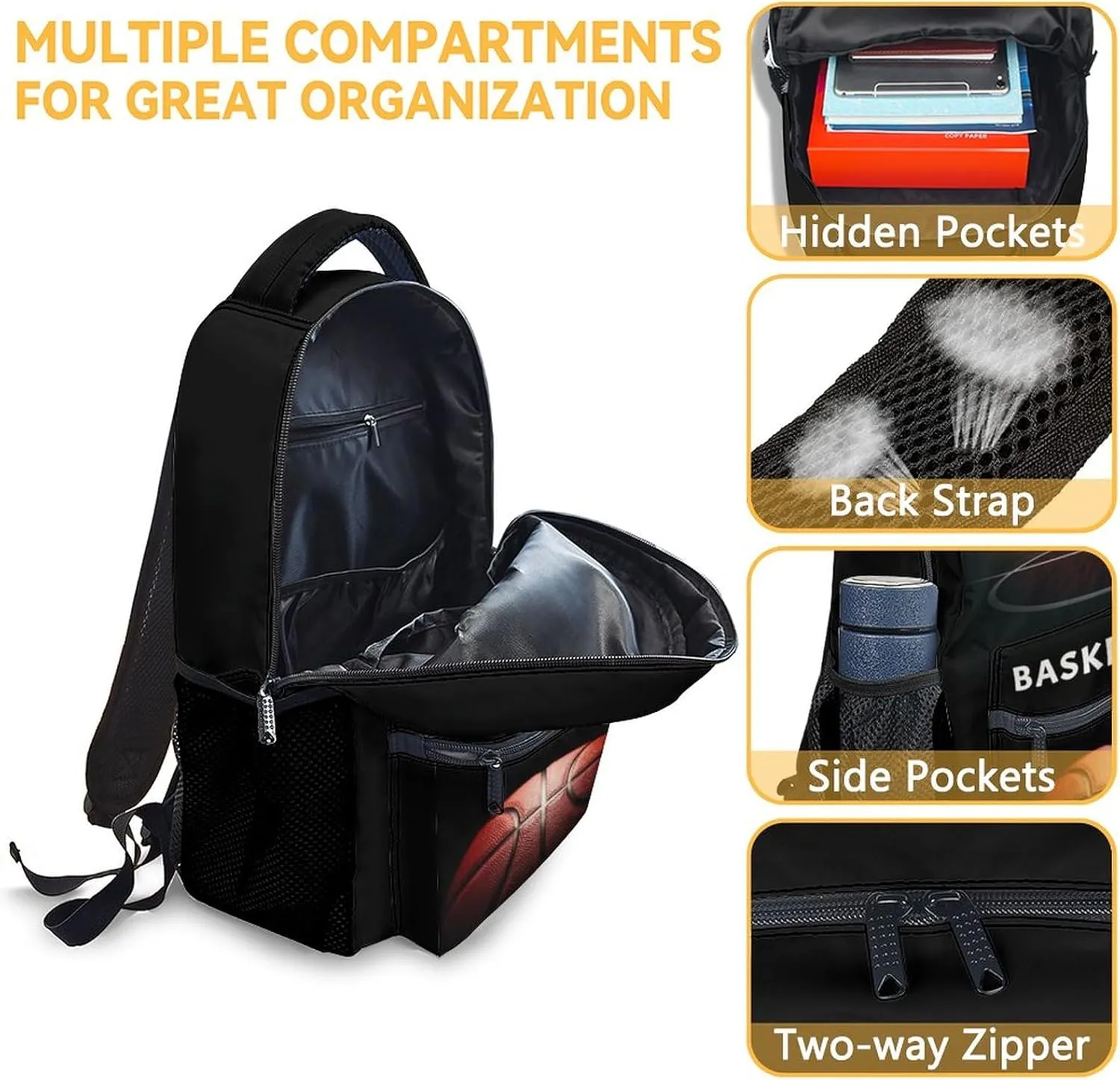 Mercuryelf Basketball Backpack for Boys Girls, 16 Inch Black Backpacks for School Travel, Cool Lightweight Bookbag for Kids