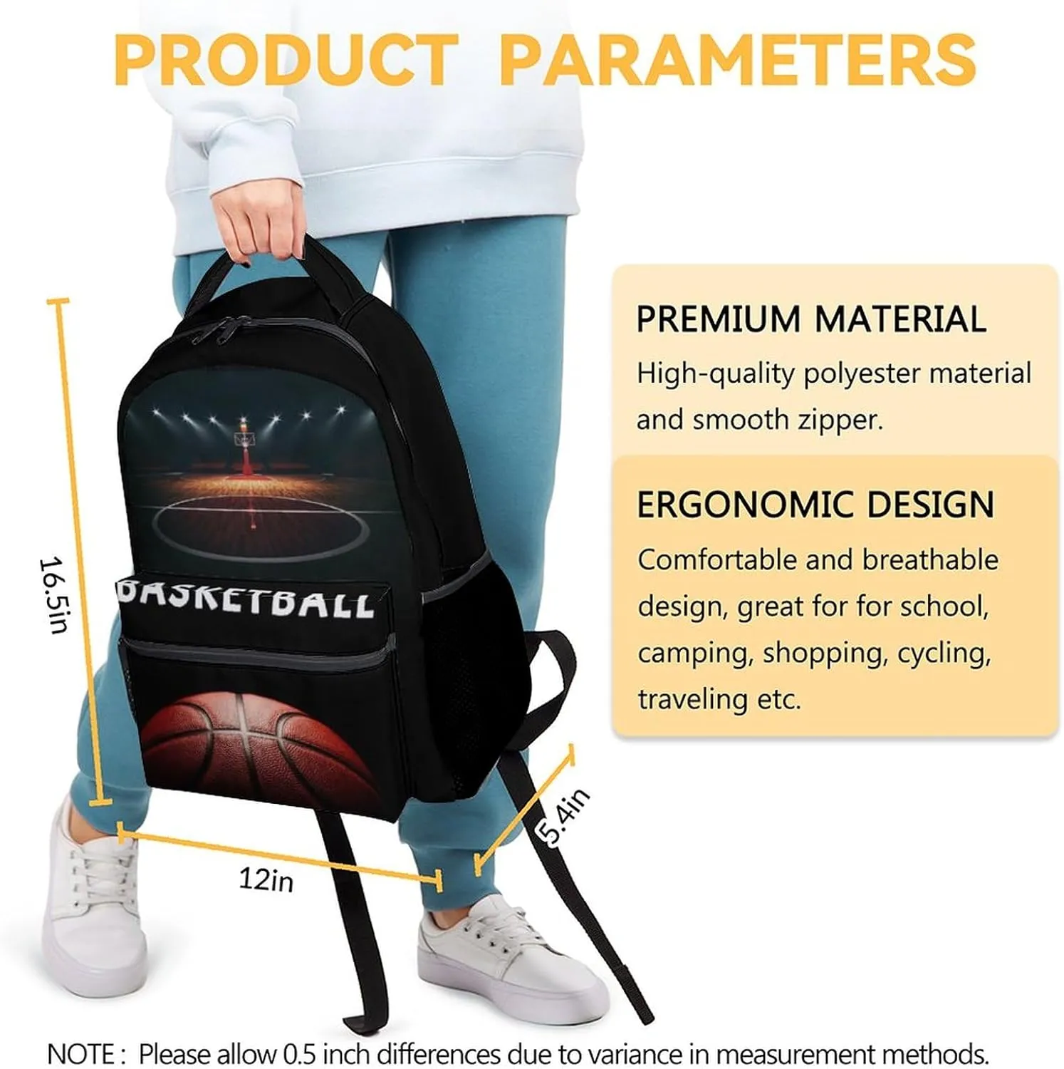 Mercuryelf Basketball Backpack for Boys Girls, 16 Inch Black Backpacks for School Travel, Cool Lightweight Bookbag for Kids