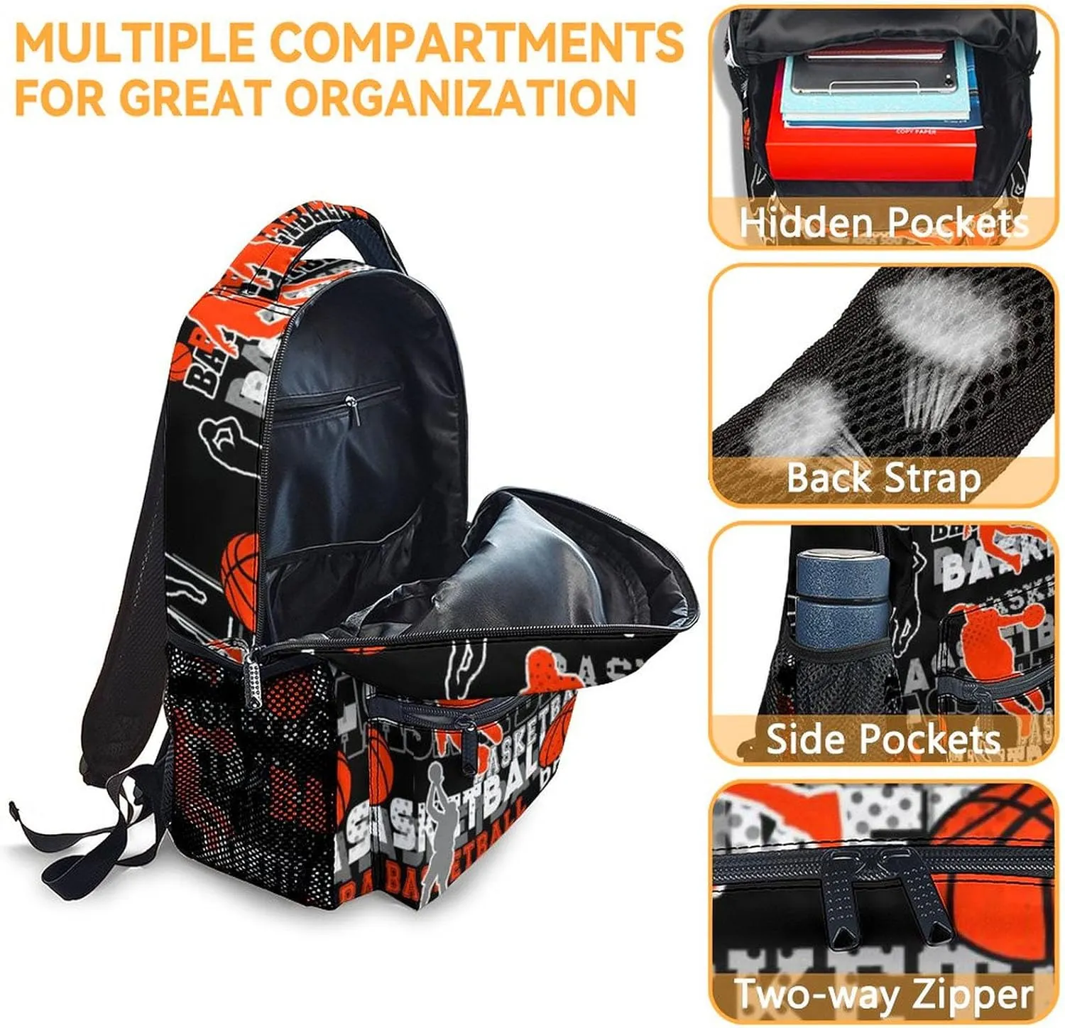Mercuryelf Basketball Backpack for Boys Girls, 16 Inch Black Backpacks for School Travel, Cool Lightweight Bookbag for Kids