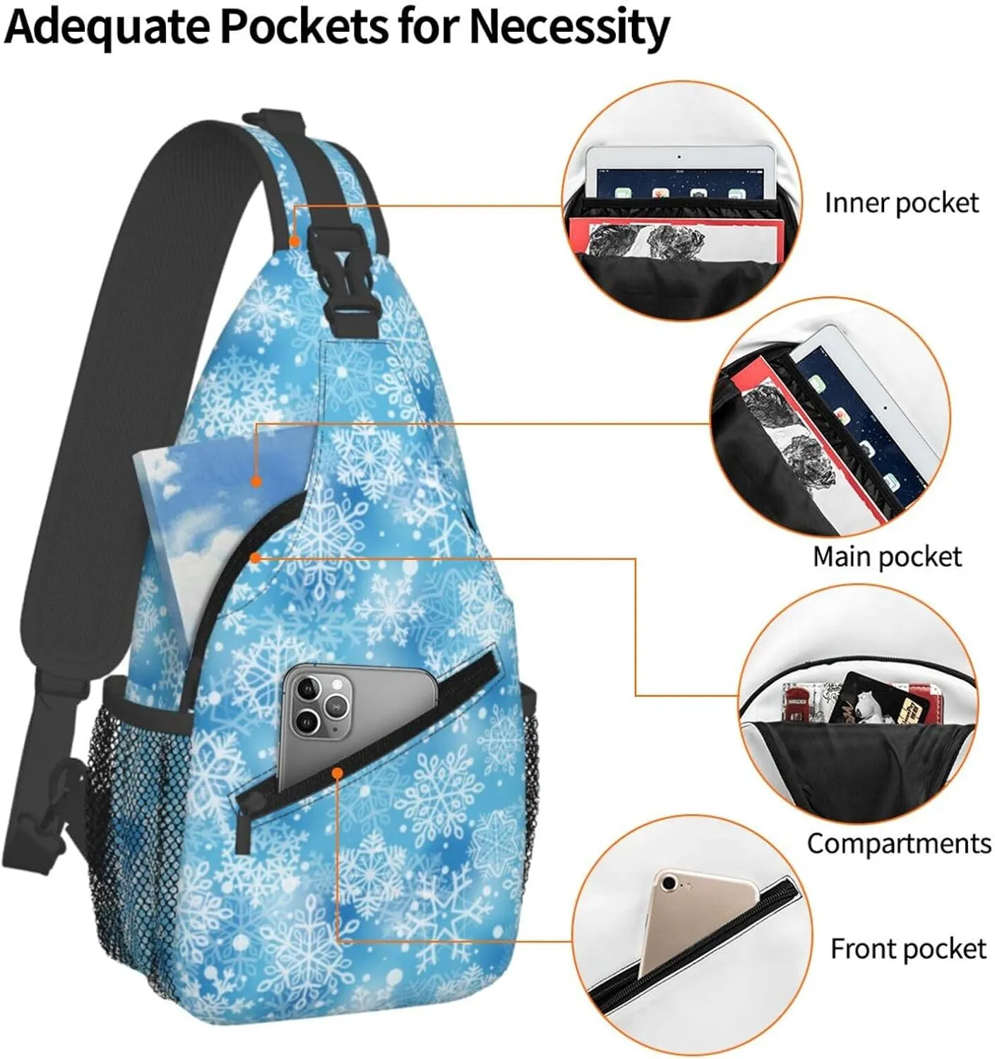 Merry Christmas Snowflakes Blue Cross Chest Bag Diagonally Hiking Crossbody Bag Travel Shoulder Daypack Lightweight Sling Backpack Cycling Daypacks Fitness Chest Backpacks