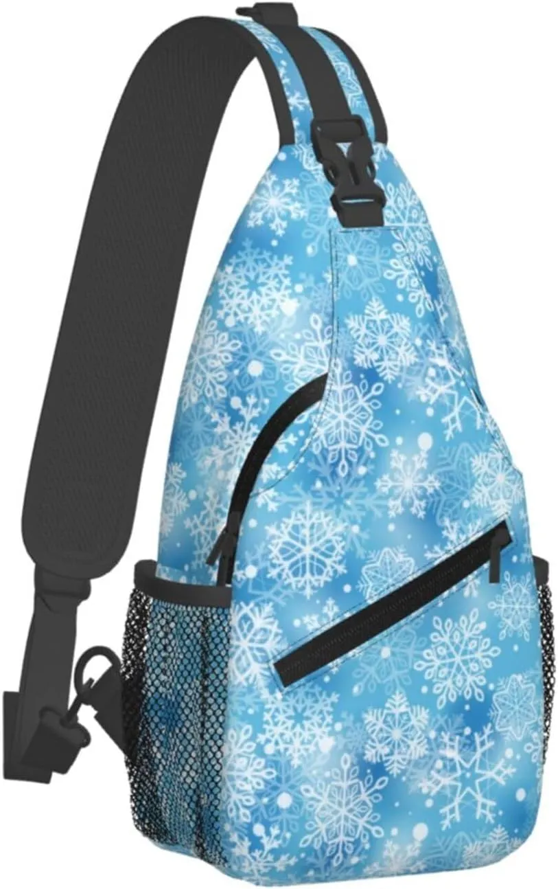 Merry Christmas Snowflakes Blue Cross Chest Bag Diagonally Hiking Crossbody Bag Travel Shoulder Daypack Lightweight Sling Backpack Cycling Daypacks Fitness Chest Backpacks