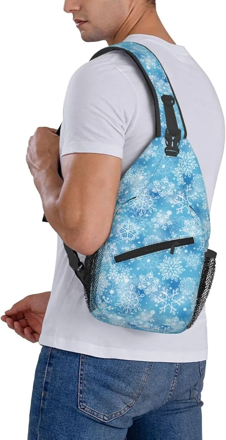 Merry Christmas Snowflakes Blue Cross Chest Bag Diagonally Hiking Crossbody Bag Travel Shoulder Daypack Lightweight Sling Backpack Cycling Daypacks Fitness Chest Backpacks
