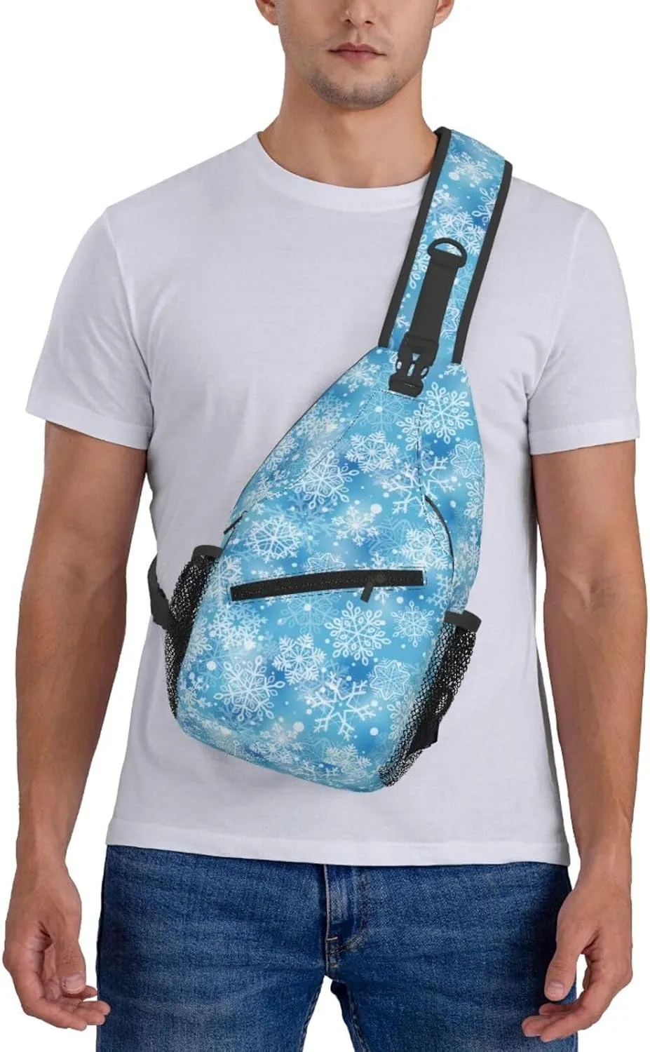 Merry Christmas Snowflakes Blue Cross Chest Bag Diagonally Hiking Crossbody Bag Travel Shoulder Daypack Lightweight Sling Backpack Cycling Daypacks Fitness Chest Backpacks