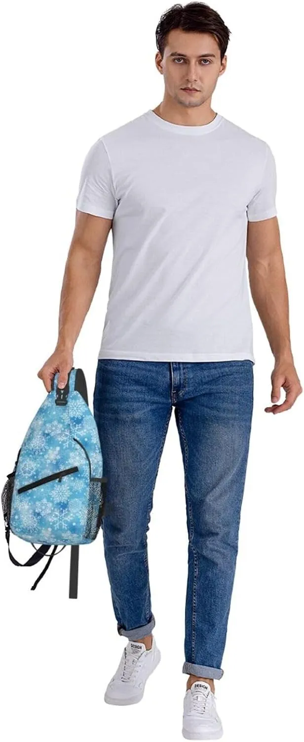Merry Christmas Snowflakes Blue Cross Chest Bag Diagonally Hiking Crossbody Bag Travel Shoulder Daypack Lightweight Sling Backpack Cycling Daypacks Fitness Chest Backpacks