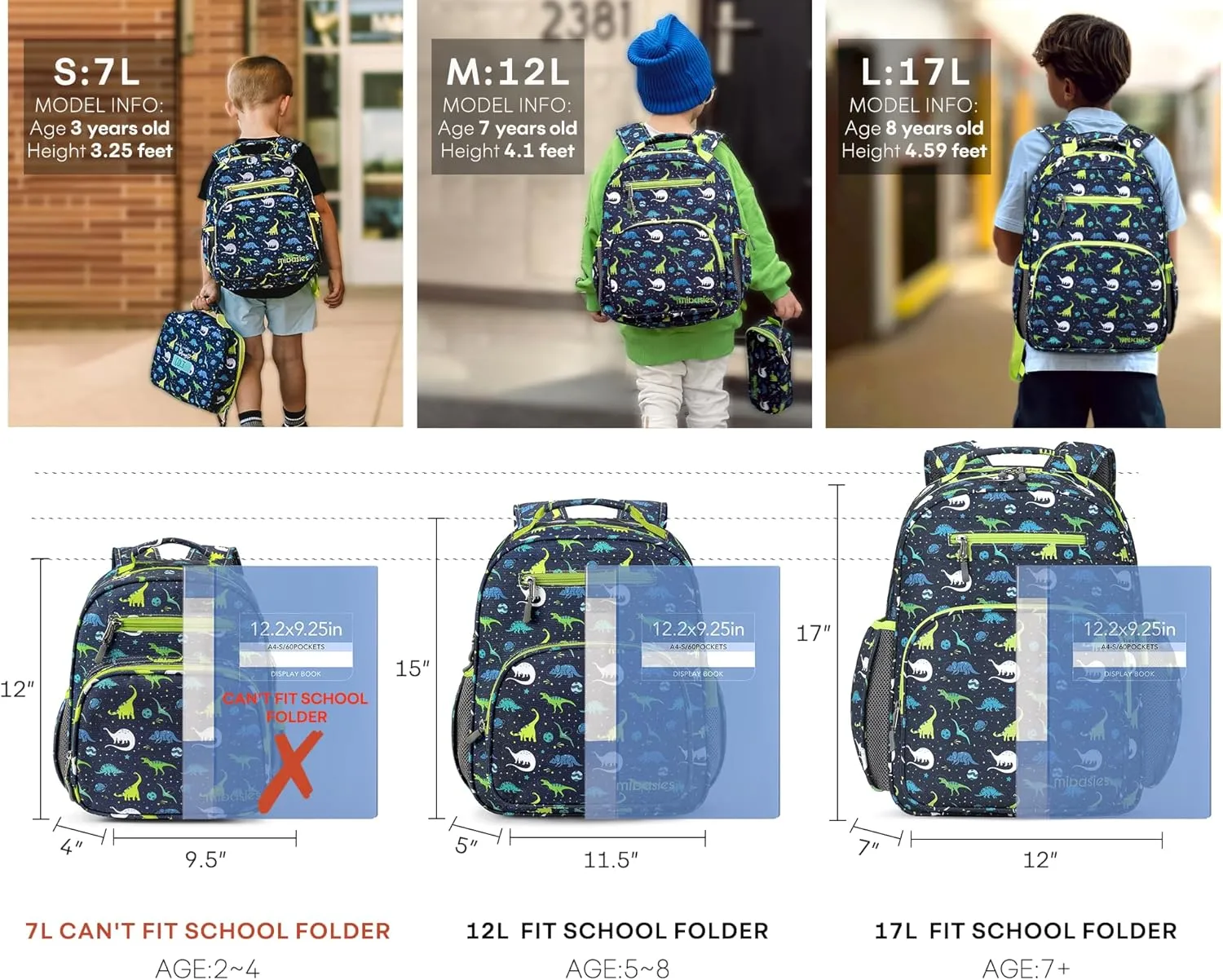 mibasies Boys Backpack 5-8: Lightweight Kids Backpacks Boys - Boy Bookbag for Elementary School - Galaxy Dinosaur