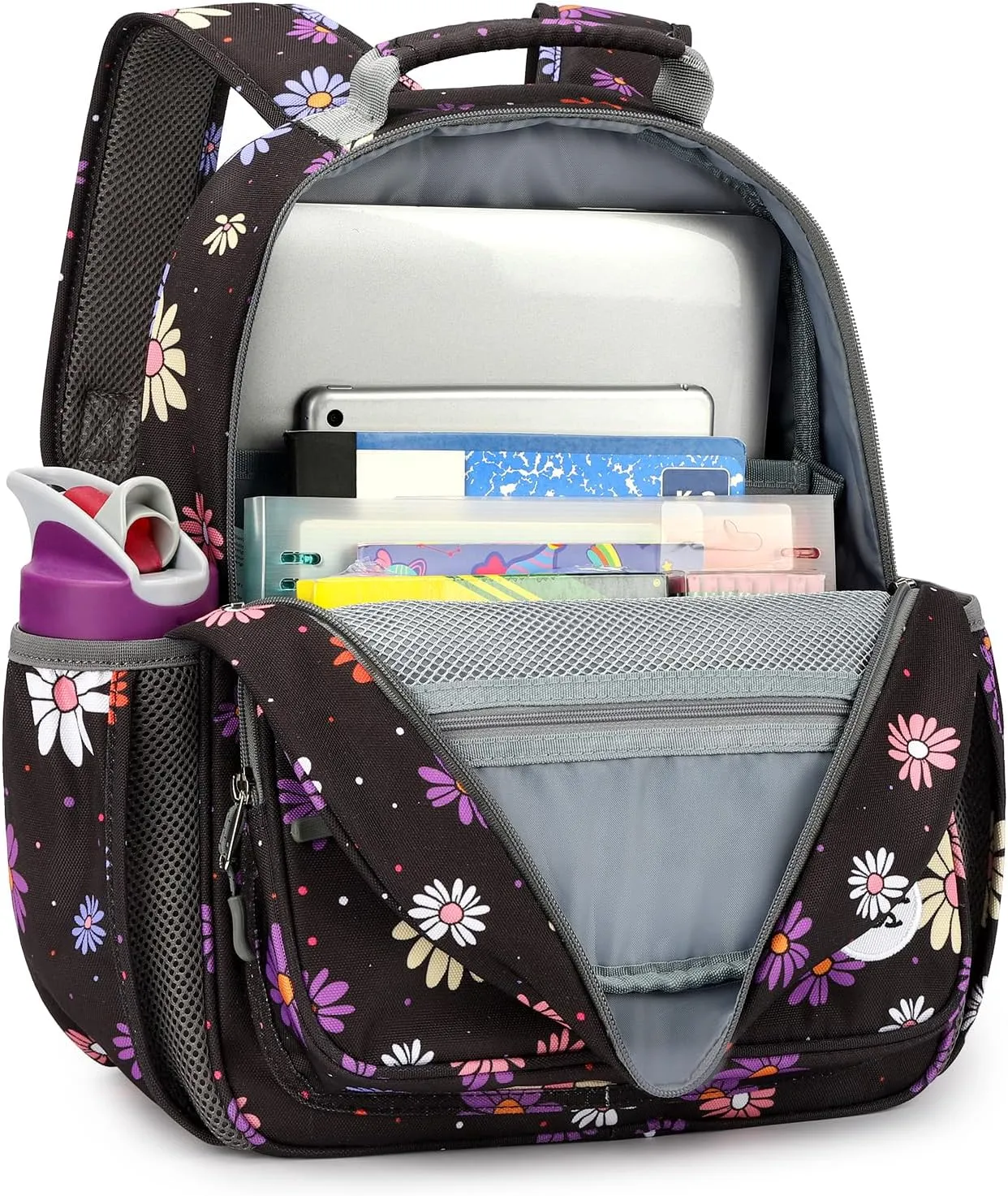 mibasies Kids Backpack for Girls: Girls Backpack 5-8 - Kindergarten Elementary School Bookbag for Girl - Cartoon Daisy Black