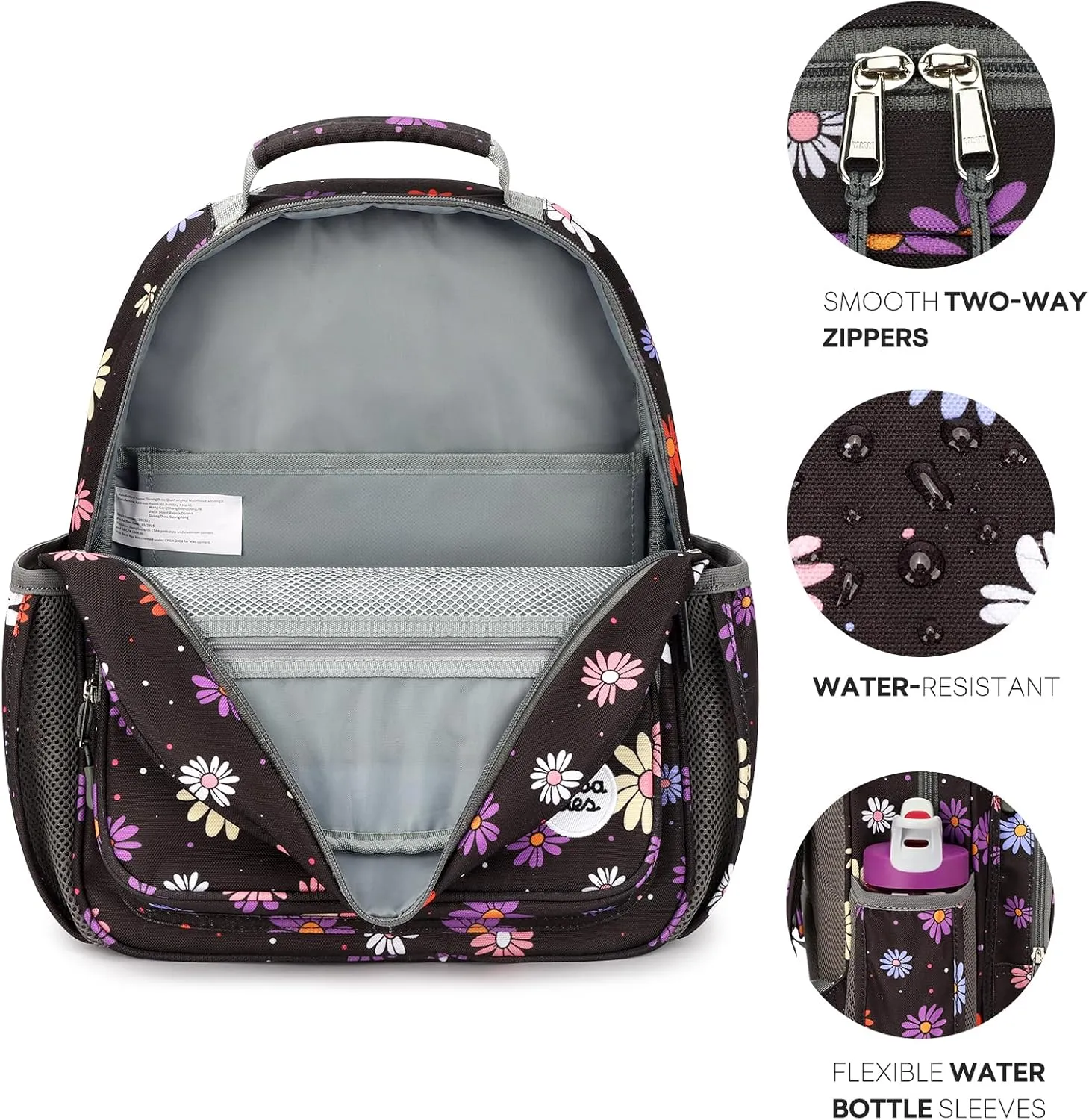 mibasies Kids Backpack for Girls: Girls Backpack 5-8 - Kindergarten Elementary School Bookbag for Girl - Cartoon Daisy Black