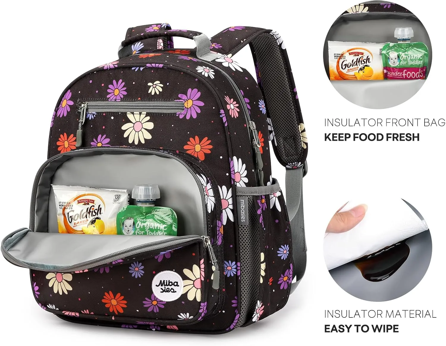mibasies Kids Backpack for Girls: Girls Backpack 5-8 - Kindergarten Elementary School Bookbag for Girl - Cartoon Daisy Black