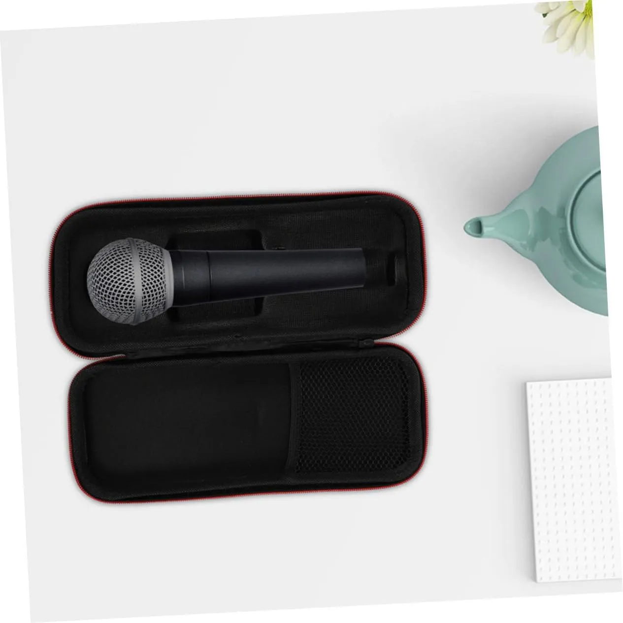 Microphone Bag Portable Zipper PU Leather Storage Pouch with Mesh Pocket for Accessories Lightweight and Durable Protective Case for Travel and Daily Use