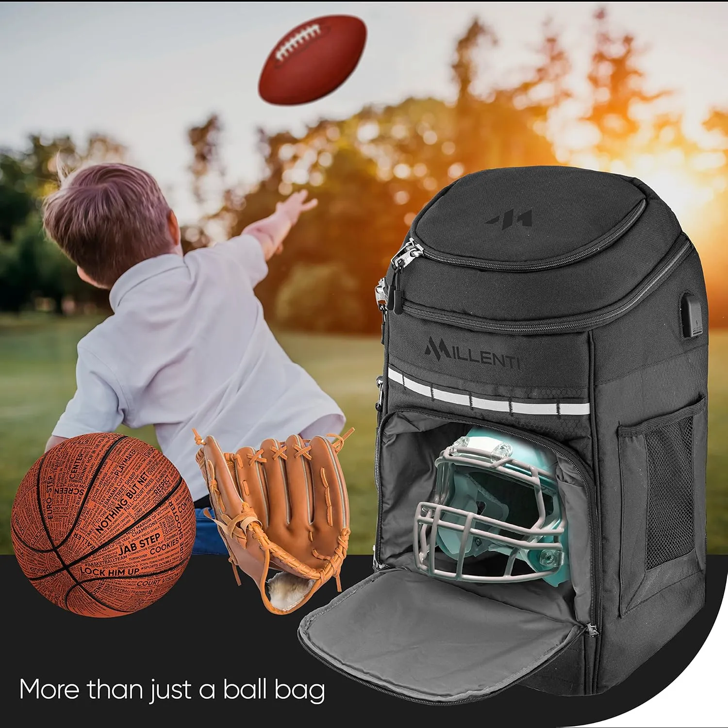 Millenti Backpacks Basketball Soccer Backpack - with Ball Compartment, Travel College Sports Bag and 13” Laptop Sleeve, 27L (Black)