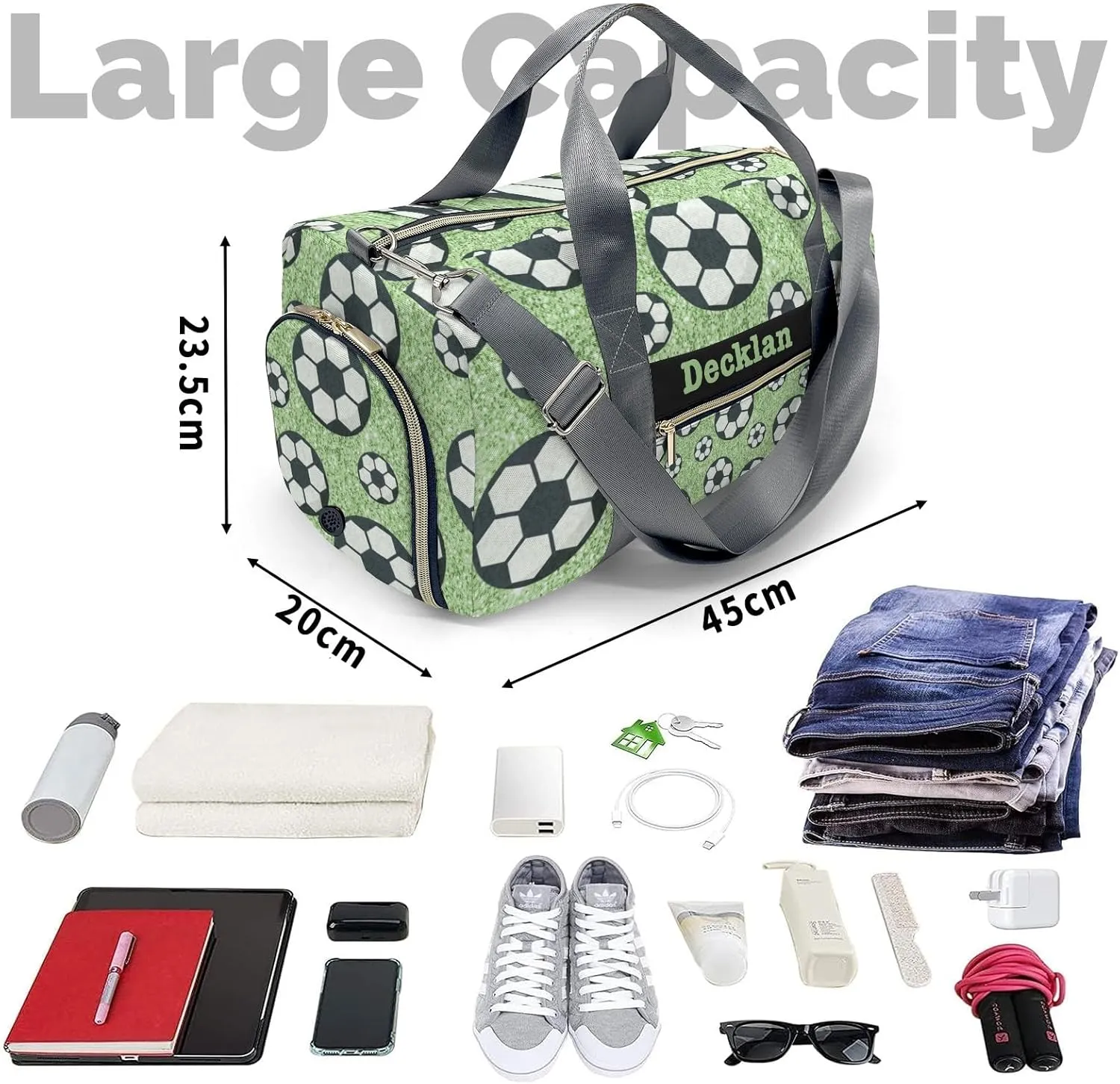 Mint Gliiter Print Sport Ball Soccer Personalized Gym Dance Bag for Girls Boys,Custom Name Sport Duffel Bag Weekender Bags Carry On Travel Duffel Bag