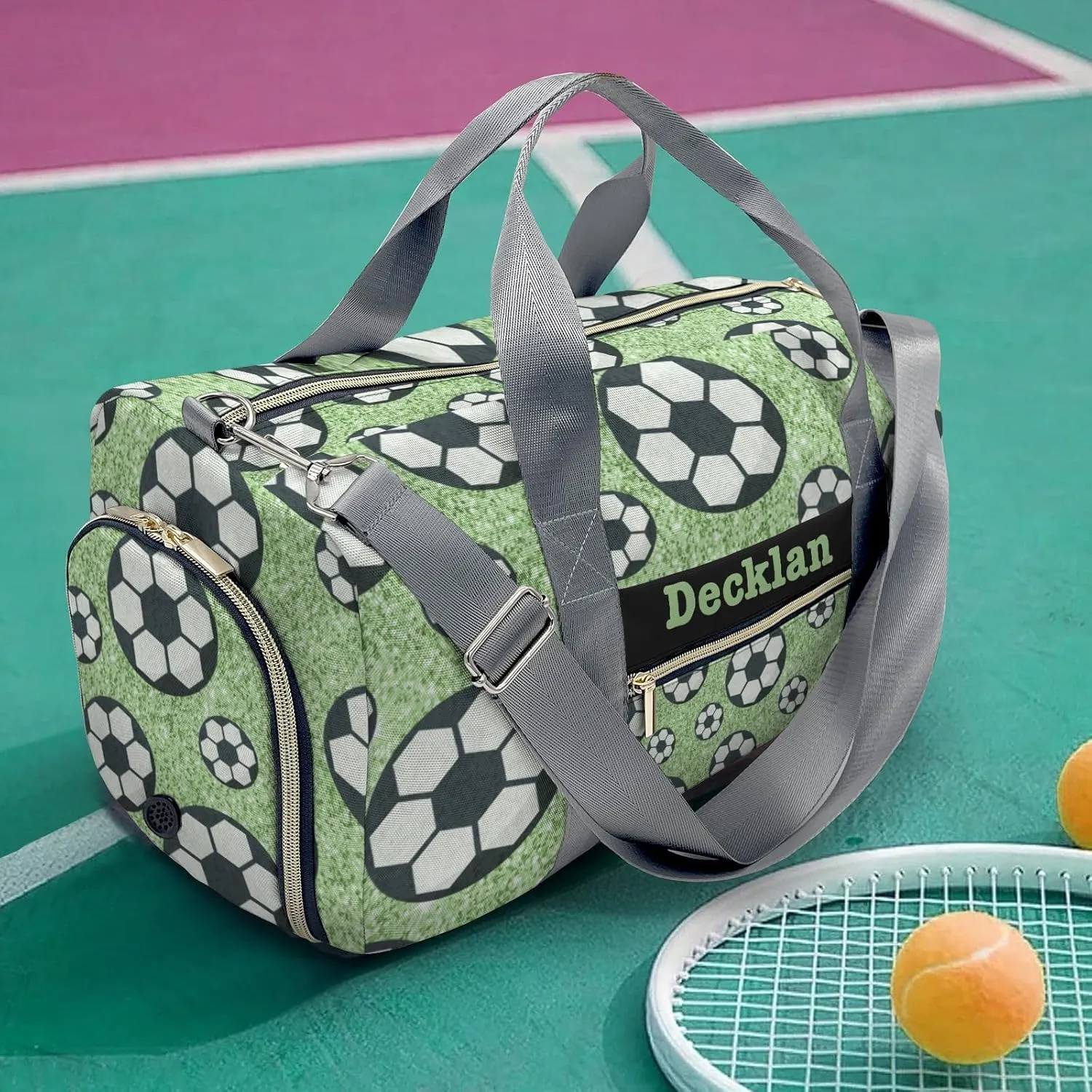Mint Gliiter Print Sport Ball Soccer Personalized Gym Dance Bag for Girls Boys,Custom Name Sport Duffel Bag Weekender Bags Carry On Travel Duffel Bag