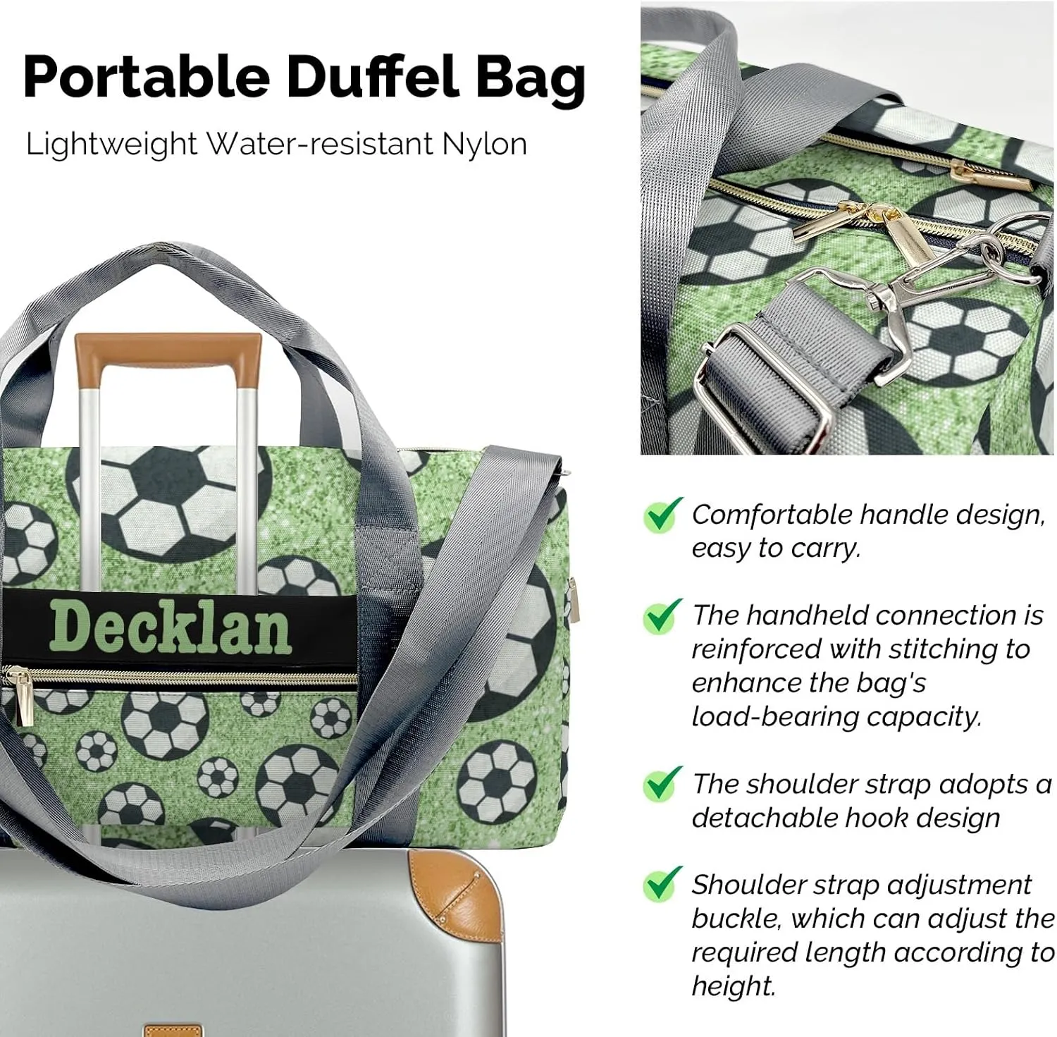 Mint Gliiter Print Sport Ball Soccer Personalized Gym Dance Bag for Girls Boys,Custom Name Sport Duffel Bag Weekender Bags Carry On Travel Duffel Bag