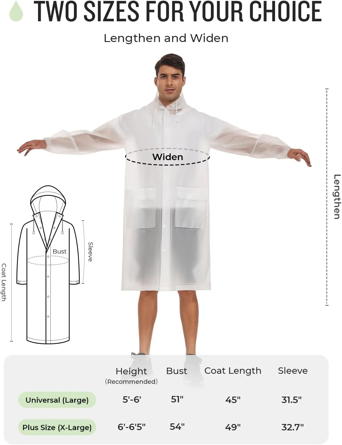 MOCOTONO Reusable Thicken EVA Rain Ponchos for Adults (1 Pack)- Extra Long Rain Jackets Raincoats for Men Women