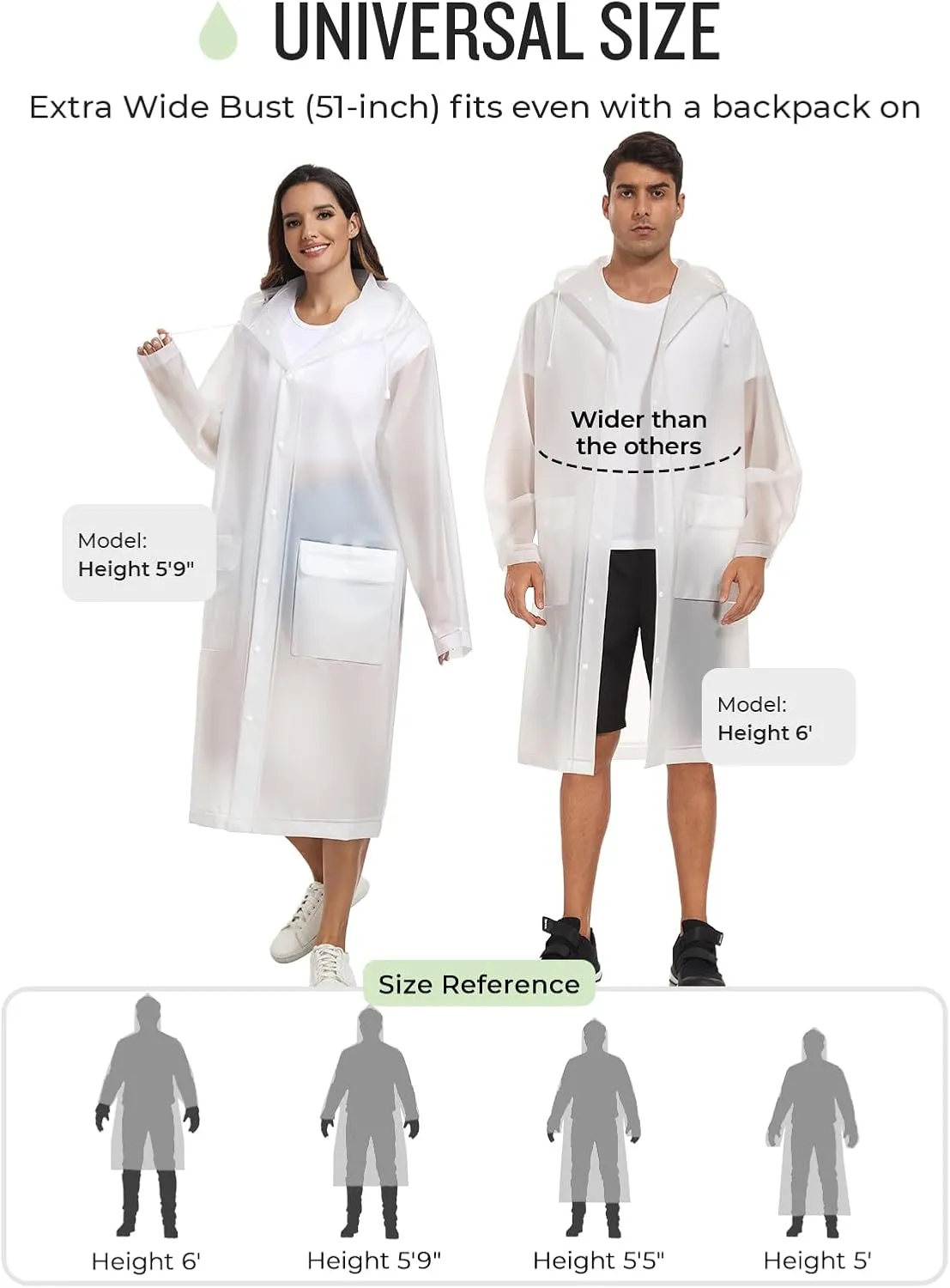 MOCOTONO Reusable Thicken EVA Rain Ponchos for Adults (1 Pack)- Extra Long Rain Jackets Raincoats for Men Women