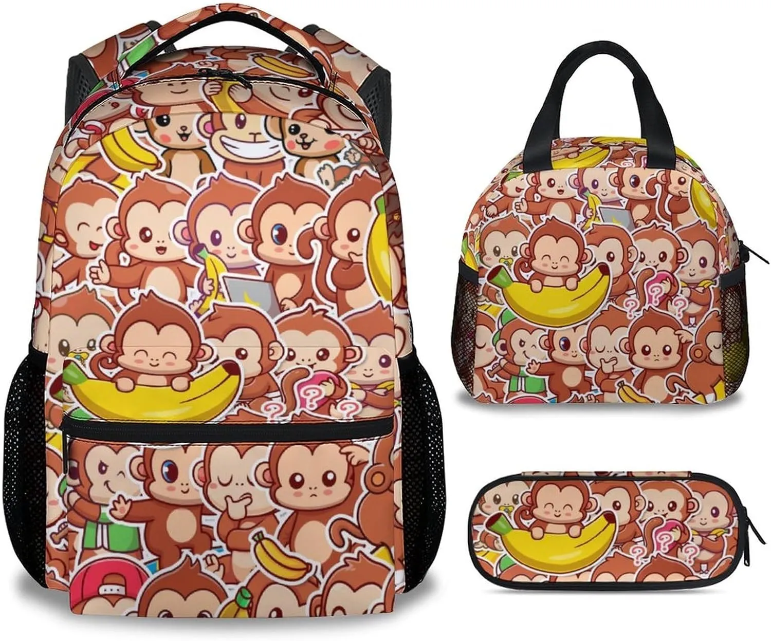 Monkey Backpack with Lunch Box - Set of 3 School Backpacks Matching Combo for Girls Boys - Cute Brow Bookbag and Pencil Case Bundle