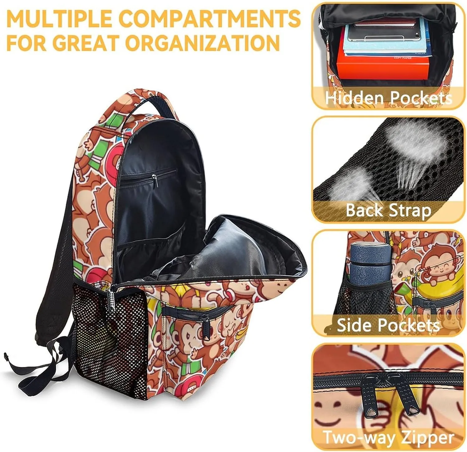Monkey Backpack with Lunch Box - Set of 3 School Backpacks Matching Combo for Girls Boys - Cute Brow Bookbag and Pencil Case Bundle