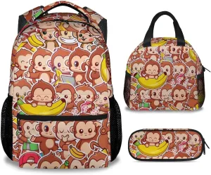 Monkey Backpack with Lunch Box - Set of 3 School Backpacks Matching Combo for Girls Boys - Cute Brow Bookbag and Pencil Case Bundle
