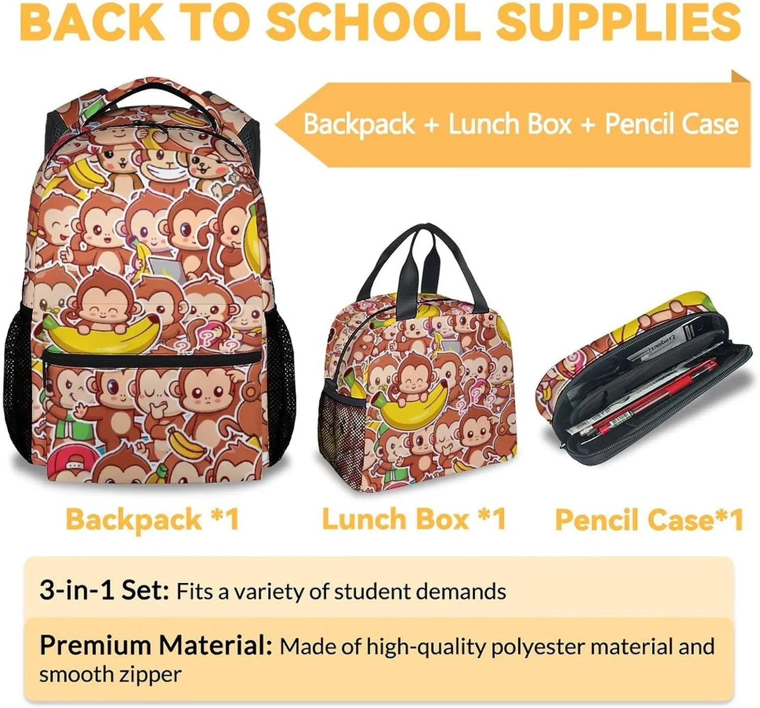 Monkey Backpack with Lunch Box - Set of 3 School Backpacks Matching Combo for Girls Boys - Cute Brow Bookbag and Pencil Case Bundle