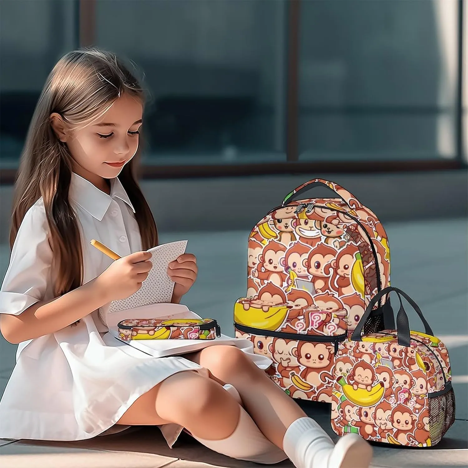 Monkey Backpack with Lunch Box - Set of 3 School Backpacks Matching Combo for Girls Boys - Cute Brow Bookbag and Pencil Case Bundle