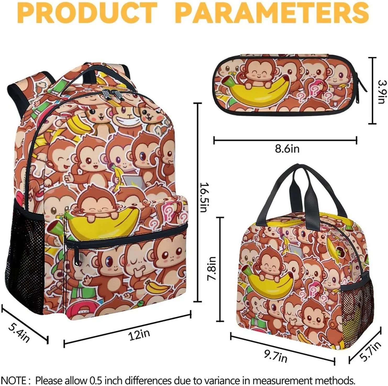 Monkey Backpack with Lunch Box - Set of 3 School Backpacks Matching Combo for Girls Boys - Cute Brow Bookbag and Pencil Case Bundle