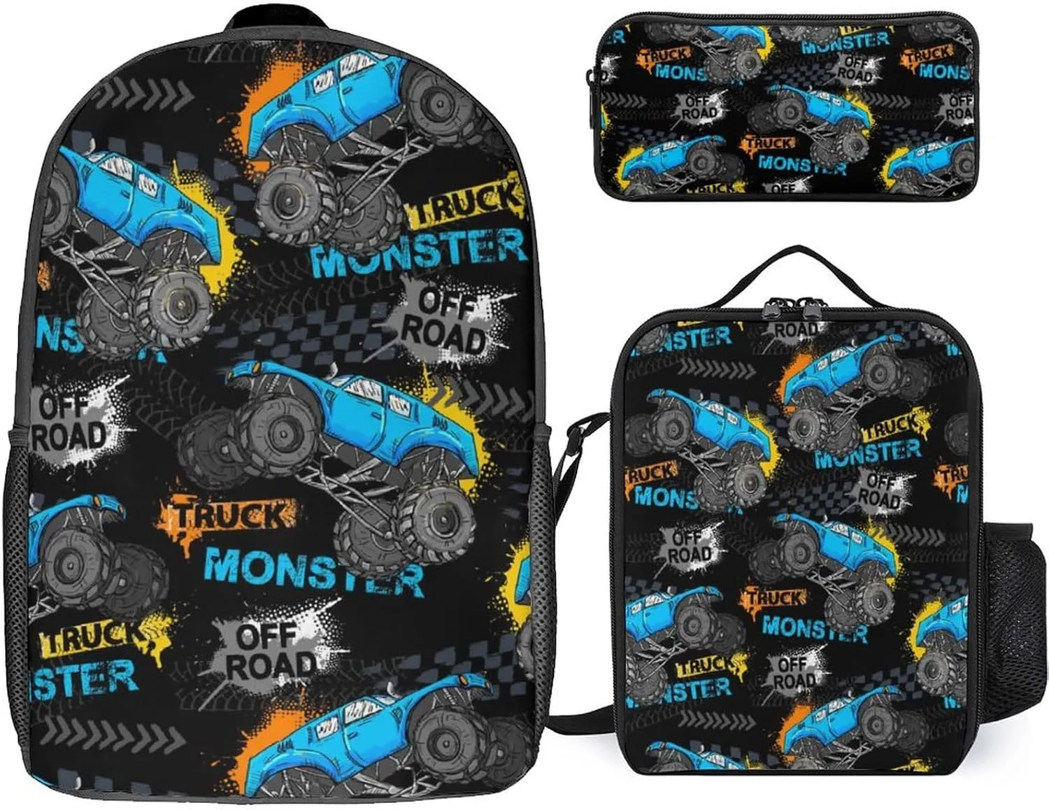Monster Truck Car Laptop Backpacks 3 Pieces Set Travel Daypack Bookbag Trace of Tire Lightweight Work Bag with Insulated Lunchbox for Men Women