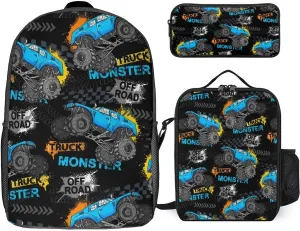 Monster Truck Car Laptop Backpacks 3 Pieces Set Travel Daypack Bookbag Trace of Tire Lightweight Work Bag with Insulated Lunchbox for Men Women