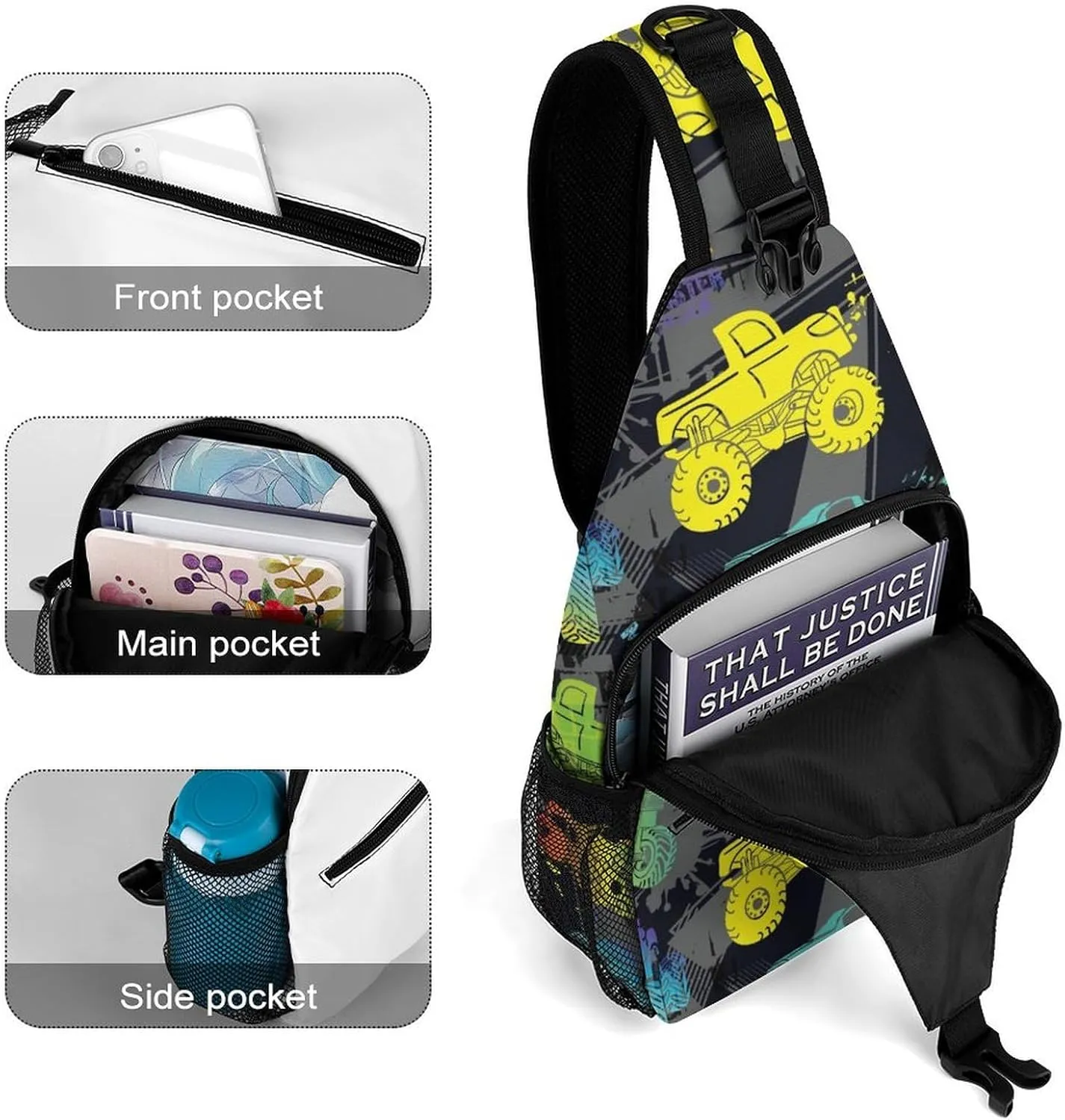 Monster Truck Cars Sling Backpack Man Womans Crossbody Backpack Chest Bag Cycling Daypack Hiking Bag Small Cross Body Bags Sports Backpacks