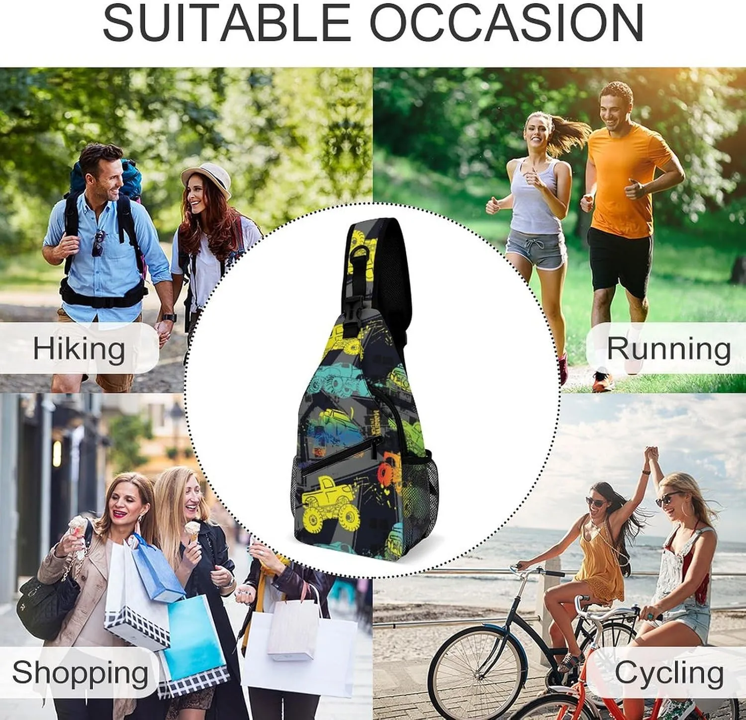 Monster Truck Cars Sling Backpack Man Womans Crossbody Backpack Chest Bag Cycling Daypack Hiking Bag Small Cross Body Bags Sports Backpacks