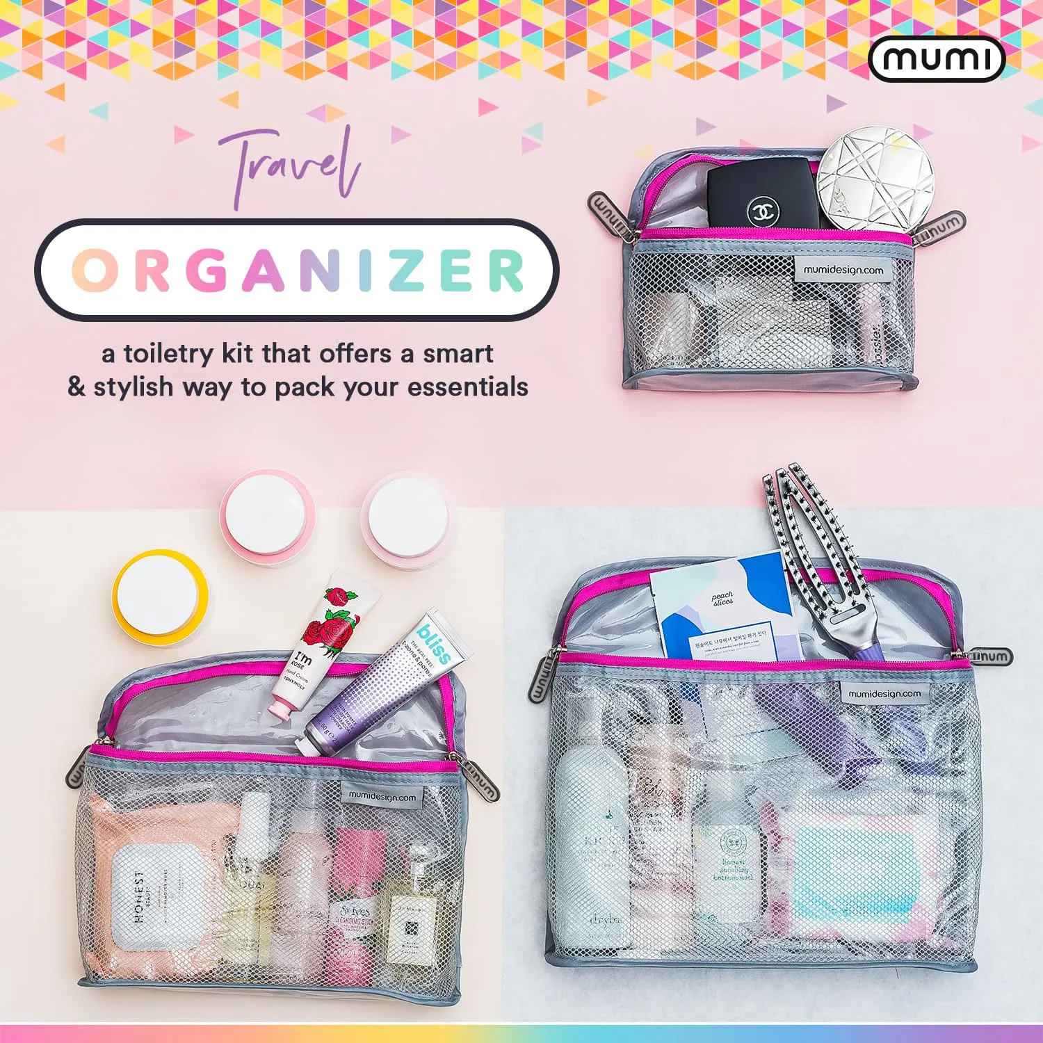 MUMI Travel Toiletry Bag Set of 3 – Water-Resistant Toiletry Bags for Women & Men – Clear Bags for Toiletries, Skincare, Makeup & Travel Essentials – Lightweight, Durable & Portable Organizer - Black