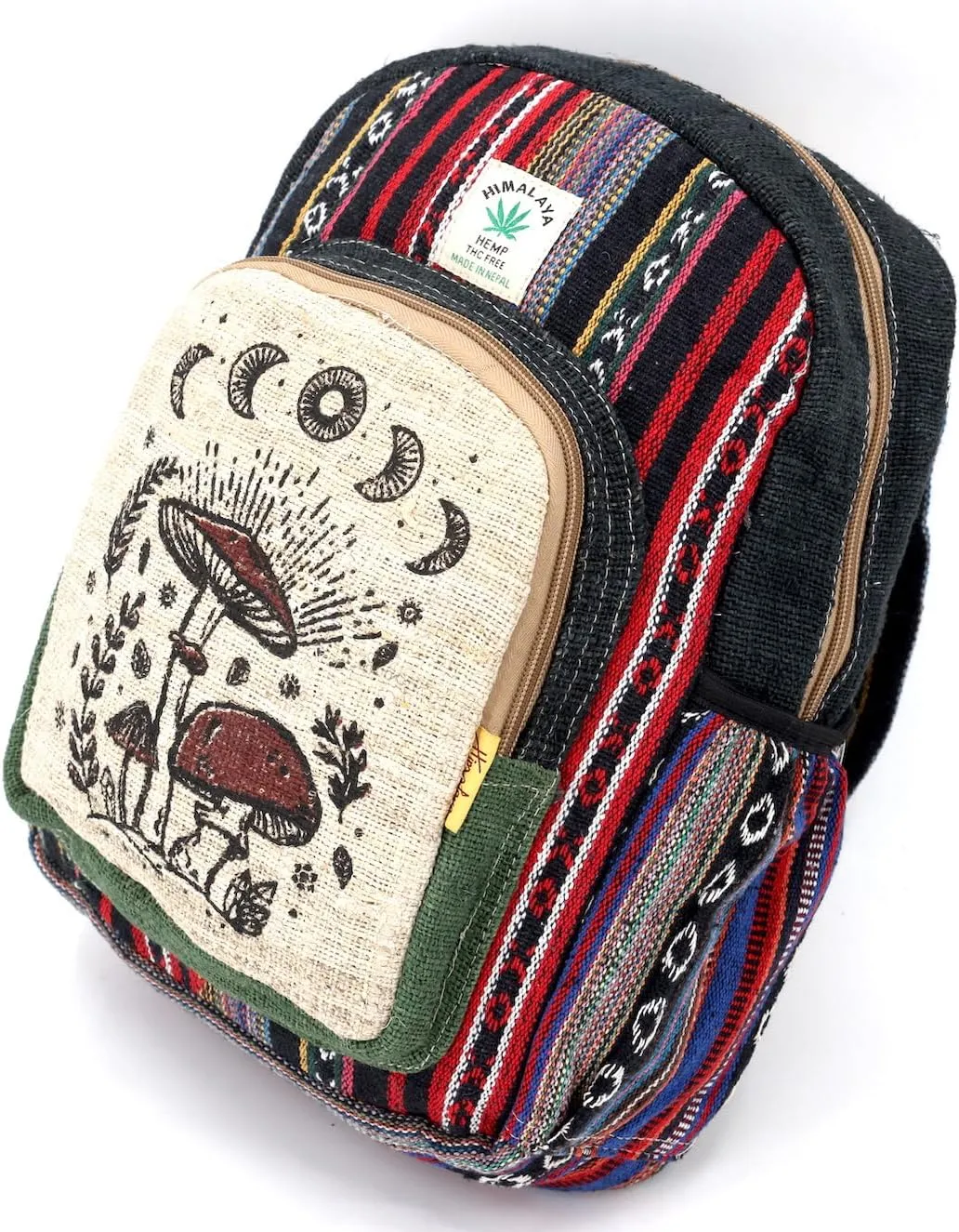 Mushroom Print Himalaya Hemp Hippie Backpack Festival Hiking Backpack FAIR TRADE Handmade with Love (BLACK)