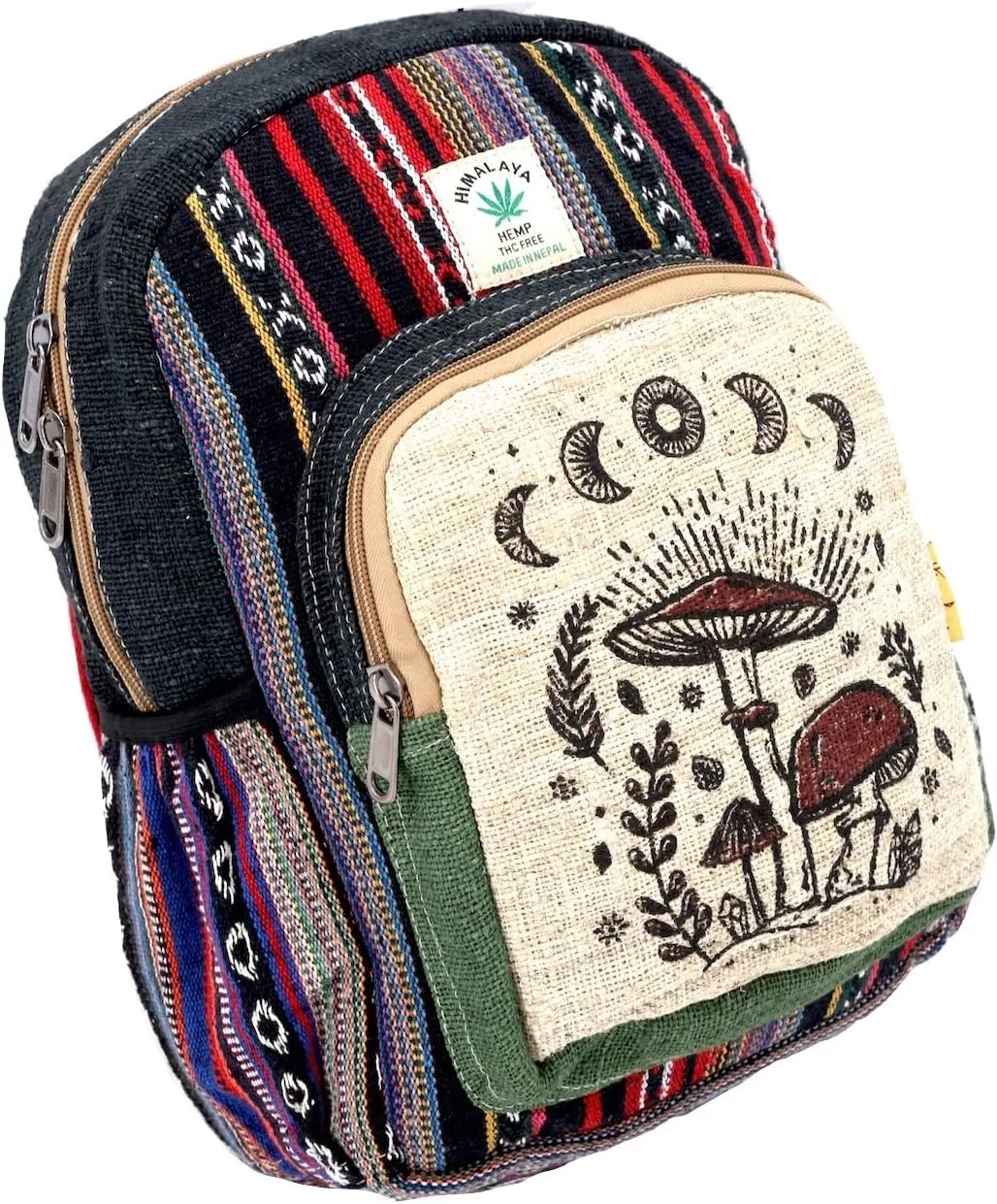 Mushroom Print Himalaya Hemp Hippie Backpack Festival Hiking Backpack FAIR TRADE Handmade with Love (BLACK)