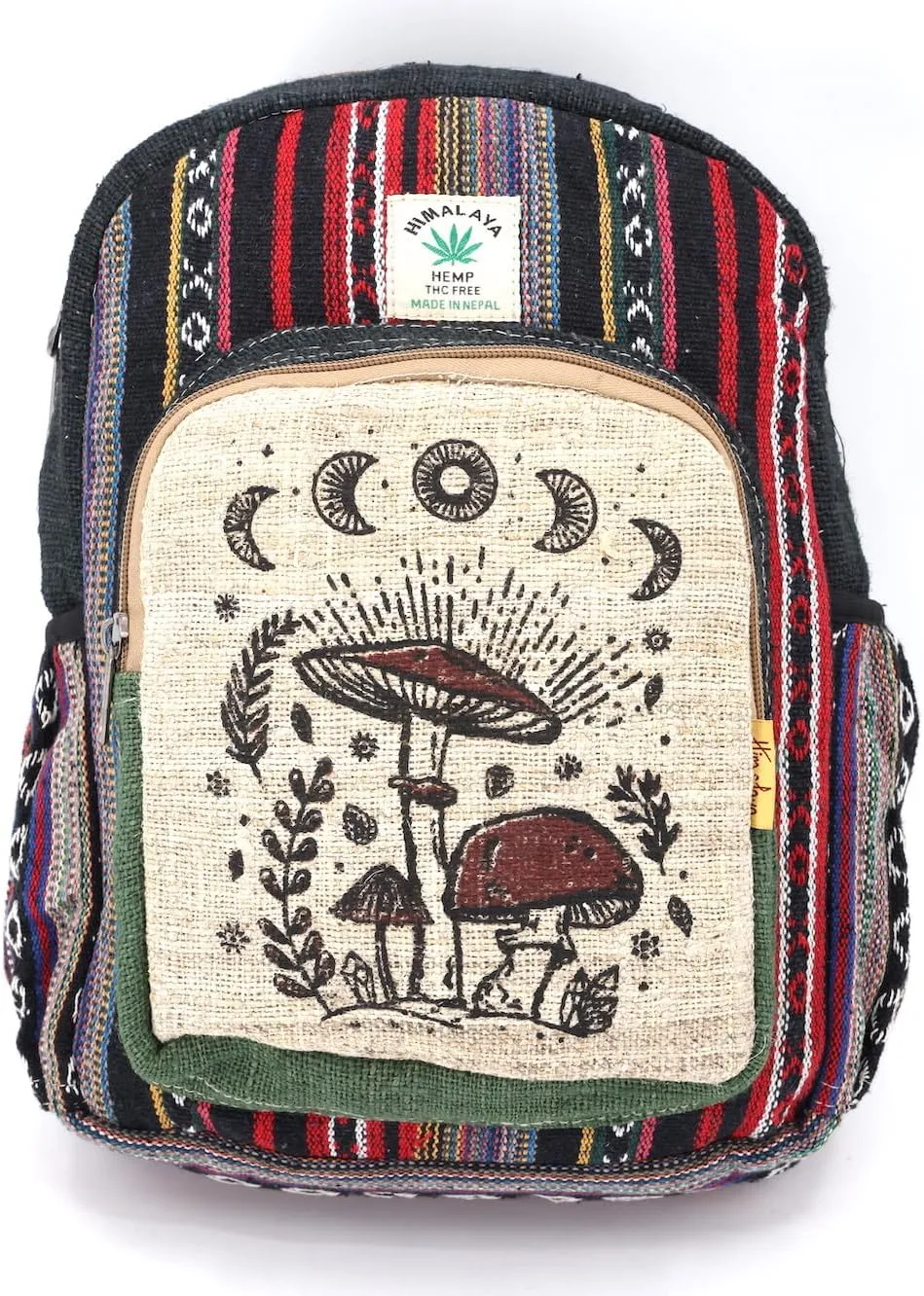 Mushroom Print Himalaya Hemp Hippie Backpack Festival Hiking Backpack FAIR TRADE Handmade with Love (BLACK)