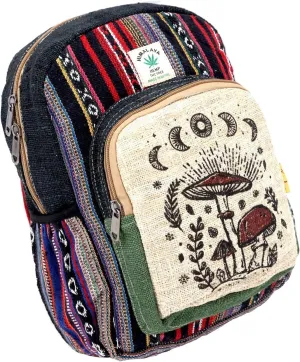 Mushroom Print Himalaya Hemp Hippie Backpack Festival Hiking Backpack FAIR TRADE Handmade with Love (BLACK)