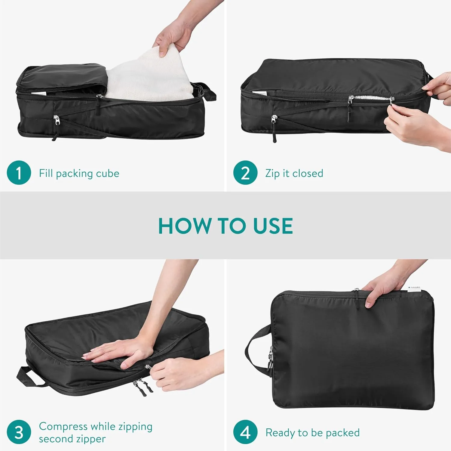 Navaris Compression Packing Cubes Set of 4 Sizes - Compressible Travel Bags for Packing - Lightweight Compression Travel Organizer - Suitcase Carry On Luggage Backpacks - Black
