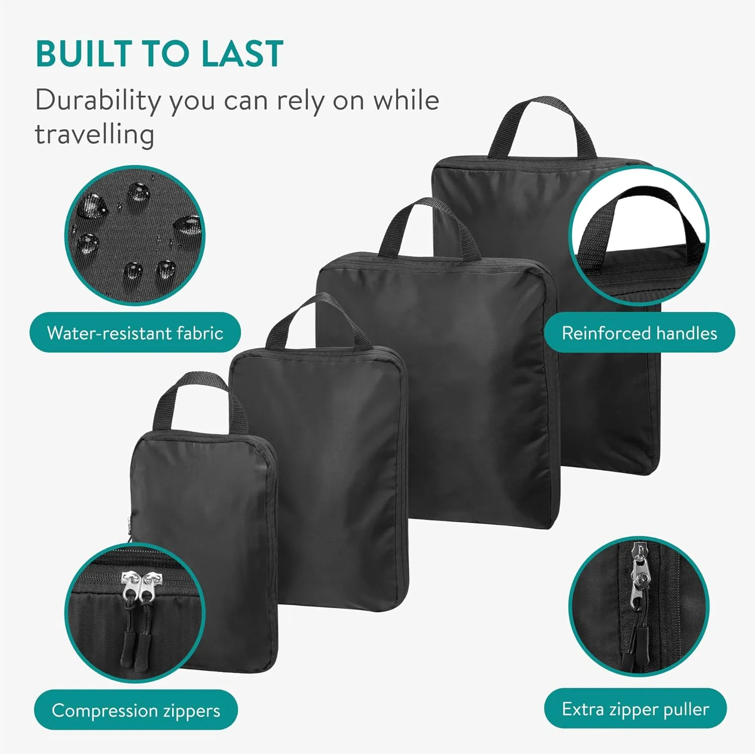 Navaris Compression Packing Cubes Set of 4 Sizes - Compressible Travel Bags for Packing - Lightweight Compression Travel Organizer - Suitcase Carry On Luggage Backpacks - Black