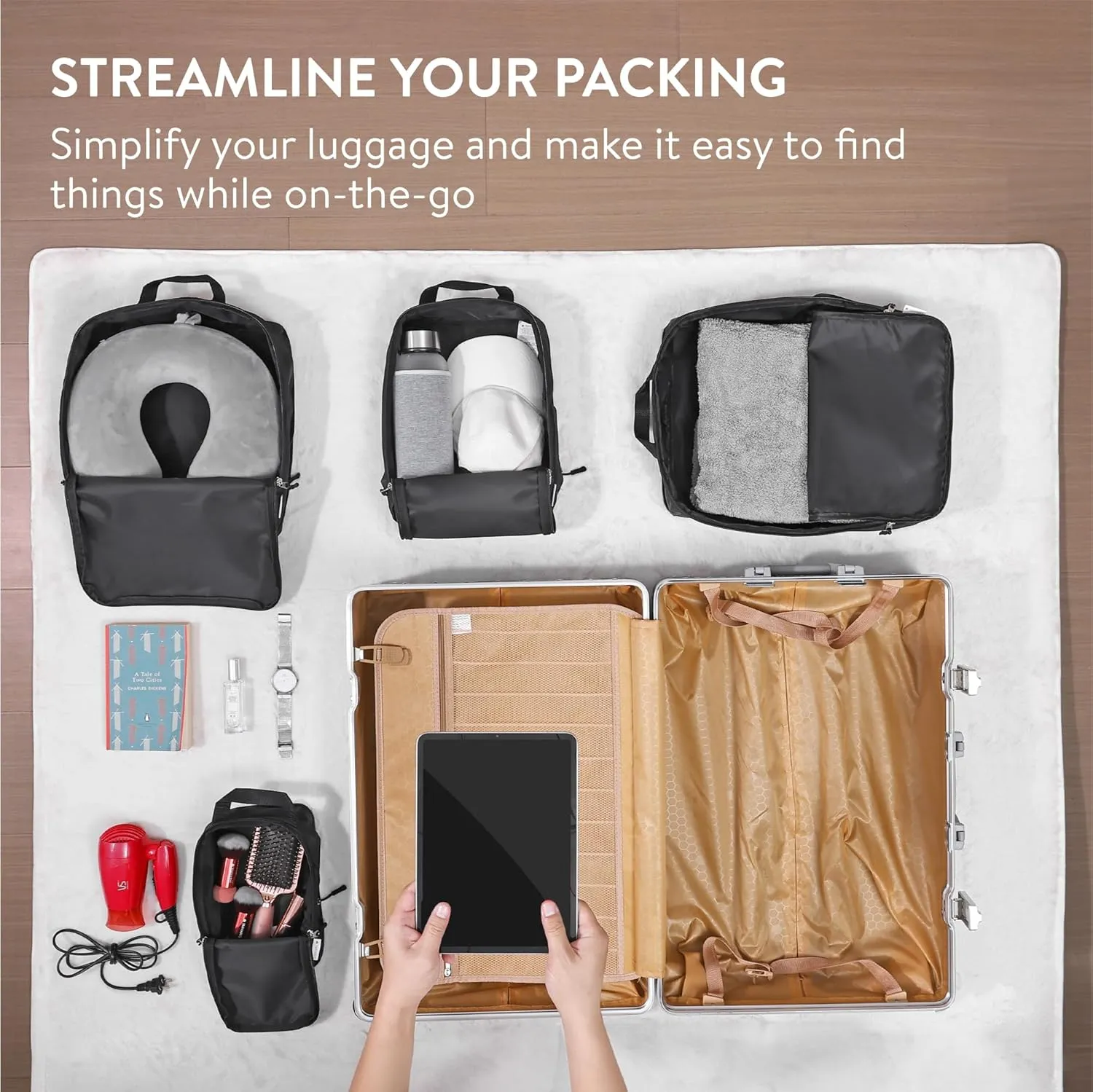 Navaris Compression Packing Cubes Set of 4 Sizes - Compressible Travel Bags for Packing - Lightweight Compression Travel Organizer - Suitcase Carry On Luggage Backpacks - Black