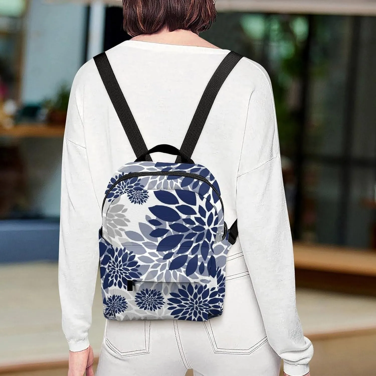 Navy Blue Gray Flower Pattern Casual Women's Backpack, Lightweight, Waterproof, Versatile Daily Bag