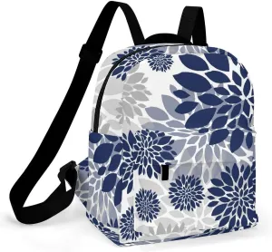 Navy Blue Gray Flower Pattern Casual Women's Backpack, Lightweight, Waterproof, Versatile Daily Bag