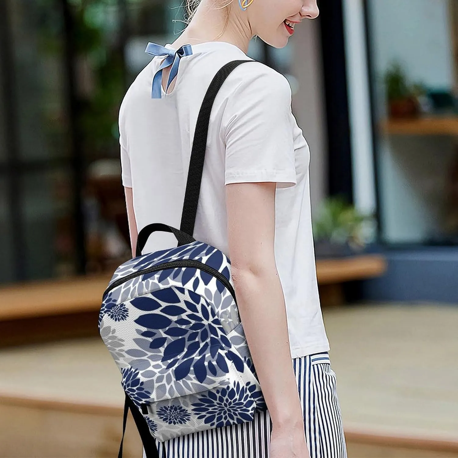 Navy Blue Gray Flower Pattern Casual Women's Backpack, Lightweight, Waterproof, Versatile Daily Bag