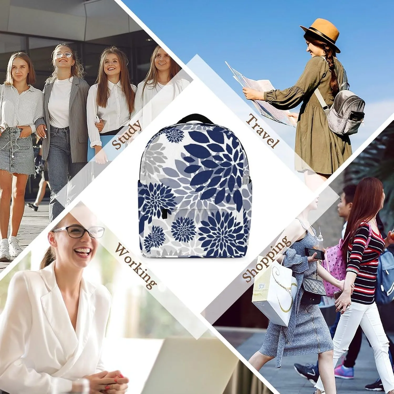 Navy Blue Gray Flower Pattern Casual Women's Backpack, Lightweight, Waterproof, Versatile Daily Bag