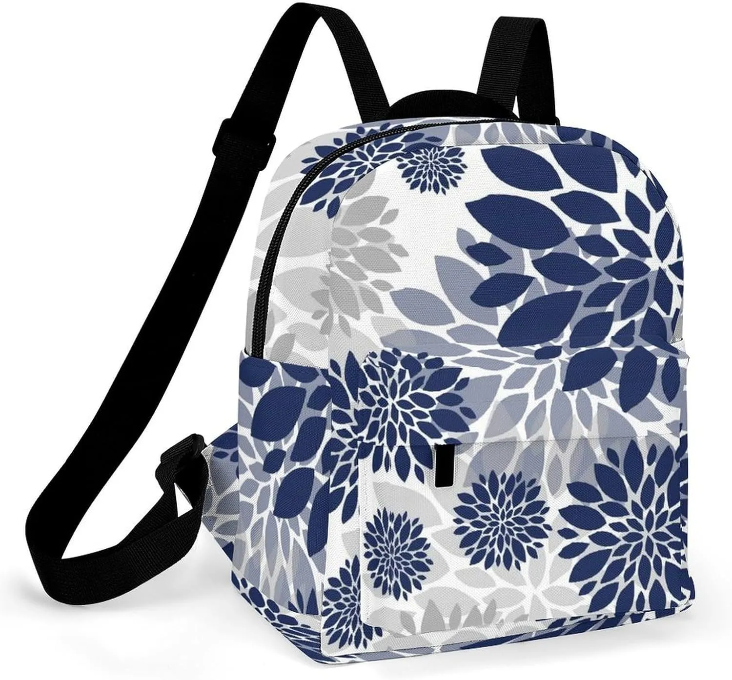 Navy Blue Gray Flower Pattern Casual Women's Backpack, Lightweight, Waterproof, Versatile Daily Bag