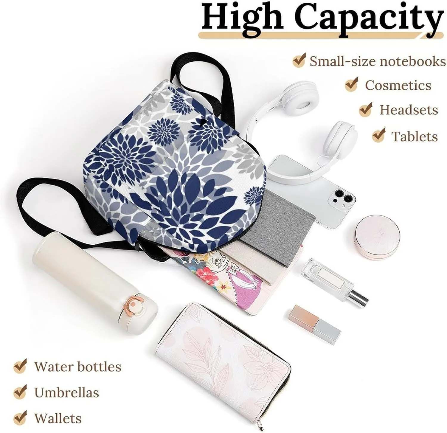 Navy Blue Gray Flower Pattern Casual Women's Backpack, Lightweight, Waterproof, Versatile Daily Bag